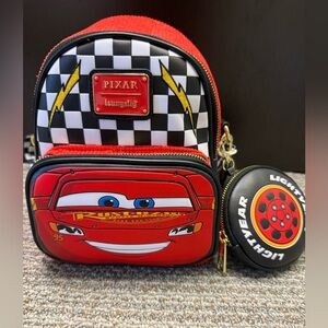 Loungefly Pixar Cars Red and Black Mini Backpack/Crossbody w/Tire change purse!